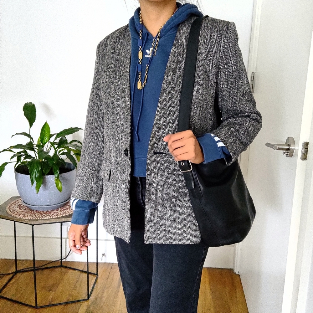 Kristen Blake 3/4 sleeve blazer in heathered black & grey (size 4P) true VINTAGE